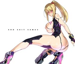 1girls alternate_color ass bangs blonde_hair blush bodysuit breasts character_name closed_mouth female hair_ornament hair_scrunchie halcon harukon_(halcon) high_heels high_resolution holding holding_weapon large_breasts legs long_hair looking_at_viewer metroid mole mole_under_mouth neon_trim nintendo nipples paralyzer ponytail samus_aran scrunchie see-through shiny shiny_clothes shiny_hair shoes sidelocks simple_background skin_tight solo super_smash_bros. swept_bangs tied_hair weapon white_background zero_suit zero_suit_samus