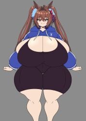 absurdres alternate_breast_size animal_ears breasts brown_hair cleavage daiwa_scarlet_(umamusume) female hair_between_eyes highres hood horse_ears horse_girl huge_breasts inakotho long_hair long_sleeves looking_at_viewer navel red_eyes skindentation solo standing swimsuit thighs twintails umamusume