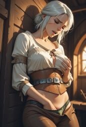 ai_generated breast_grab cd_projekt_red ciri closed_eyes clothing female hand_in_panties hand_on_breast light-skinned_female mascara masturbation panties scar solo solo_female standing_masturbation the_witcher_(series) the_witcher_3:_wild_hunt upandatom white_hair