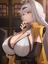 1boy 1girls absurdres arm_under_breasts black_gloves blush breasts bulge censored erection erection_under_clothes female fingerless_gloves from_side gloves hair_ornament hand_up highres huge_breasts jacket long_hair male mole mole_on_breast parted_lips ruberule solo_focus white_hair yellow_eyes yellow_jacket yixuan_(zenless_zone_zero) zenless_zone_zero