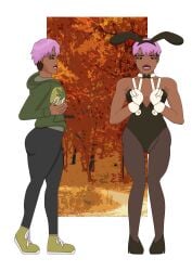 1futa brown_hair brunette_futa brunette_hair bulge bulge_through_clothing bunny_ears bunnysuit dark-skinned_futa dark_skin dyed_hair ebony embarrassed embarrassed_expression full_color fully_clothed futanari gloves grabbing_own_breast intersex leggings looking_at_viewer nasty_byte no_sex original_character peace_sign pink_hair short_hair smiling smiling_at_viewer sole_futa