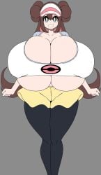 1girls alternate_body_type alternate_breast_size arms_behind_back blue_eyes blue_hair breasts brown_hair bursting_breasts clothed double_bun female huge_breasts inakotho looking_away massive_breasts plump pokemon pokemon_bw2 rosa_(pokemon) shirt thick_thighs tights twintails underboob venus_body visor voluptuous wide_hips
