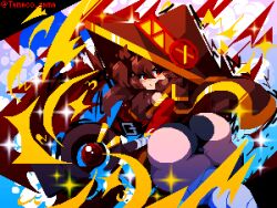 1girls ass ass_focus background big_ass big_thighs black_panties blush blushing_female brown_hair female kono_subarashii_sekai_ni_shukufuku_wo! megumin pixel_art red_eyes tamaco watermark witch witch_hat