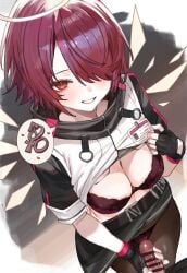 1boy absurdres arknights bar_censor black_bra black_panties black_pantyhose bra breasts censored cleavage clothes_lift detached_wings energy_wings exusiai_(arknights) female hair_over_one_eye halo handjob highres interlocked_mars_and_venus_symbols large_breasts lifting_own_clothes mars_symbol orange_eyes panties pantyhose penis red_hair short_hair short_sleeves skirt skirt_lift smile spoken_symbol straight suujiniku traditional_halo underwear venus_symbol wings yellow_halo yellow_wings