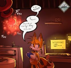 1boy background chaos_emerald computer dialogue dialogue_bubble experiment fox fox_ears growth growth_ray growth_sequence laboratory male male_only miles_tails_prower mobian mobian_(species) monitor pacheco solo sonic_(series) sonic_the_hedgehog_(series) tails tails_the_fox