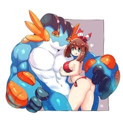 1boy 1girls :p ass big_ass bikini blue_eyes blue_skin brown_hair couple heart huge_thighs human interspecies kenron_toqueen large_breasts larger_male may_(pokemon) may_(pokemon_oras) medium_hair mega_swampert muscular muscular_male nintendo pokemon pokemon_oras pokephilia red_bikini size_difference smaller_female swampert swimsuit teenager thick_thighs thighs two_tone_body voluptuous wet wet_skin wide_hips