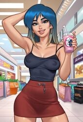 1girls 2d 2d_(artwork) ai_generated bench blue_hair breasts bubble_tea cameltoe civitai cleavage digital_drawing_(artwork) earrings eve_(summertime_saga) female female_focus female_only kiwimike light-skinned_female light_skin looking_at_viewer medium_breasts nipples nipples_visible_through_clothing outdoors outside skirt standing summertime_saga tank_top teenage_girl teenager