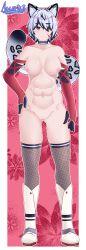 1girls alya_(assarigi) animal_ears animal_humanoid assarigi big_breasts black_gloves black_hair boots breasts breasts_out collar female female female_focus female_only fishnet_legwear fishnets gloves leotard multicolored_hair nude nude_female oc original original_art original_artwork original_character red_eyes red_gloves sarong scar scar_on_face signature snow_leopard tail thighs white_body white_boots white_hair
