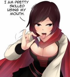 1girls black_hair blue_eyes breasts cape cleavage clothed cute dirty_talk english_text fellatio_gesture female female_only grey_eyes handjob_gesture looking_at_viewer naughty_face open_mouth oral_invitation red_hair rooster_teeth ruby_rose rwby saliva seductive seductive_smile sexually_suggestive short_hair silver_eyes smile solo speech_bubble suggestive talking_to_viewer teenager text tongue tongue_out white_background z666ful