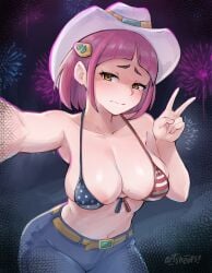 1girls absurdres aerial_fireworks arched_bangs areola_slip artist_name artsheops belt bikini blue_bikini blue_pants blush breasts brown_belt cleavage closed_mouth collarbone commentary denim english_commentary female fireworks front-tie_bikini_top front-tie_top hair_ornament hairclip hat highres lacey_(pokemon) large_breasts medium_hair mole mole_on_breast navel night nintendo pants pink_hair pokemon pokemon_sv red_bikini sleeves_past_wrists solo striped_bikini striped_clothes sweat swimsuit v wavy_mouth white_hat