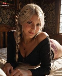ai_generated ass bed bedroom braid breasts cd_projekt_red ciri female freckles gazmandros green_eyes light-skinned_female looking_at_viewer lying_on_bed mascara necklace panties scar smiling solo solo_female the_witcher_(series) the_witcher_4 white_hair