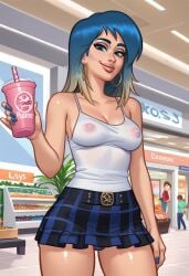 1girls 2d 2d_(artwork) ai_generated bench blue_hair breasts civitai cleavage digital_drawing_(artwork) earrings eve_(summertime_saga) female female_focus female_only kiwimike light-skinned_female light_skin looking_at_viewer medium_breasts nipples nipples_visible_through_clothing outdoors outside see-through see-through_clothing see-through_top skirt standing summertime_saga tank_top tease teasing teenage_girl teenager underwear