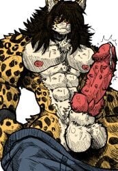 abs absurd_res animal_genitalia anthro aroused athletic ball_tuft biceps big_muscles blonde_hair blue_eyes bodily_fluids bottomwear brown_body brown_fur bulge clothed clothing cum denim denim_bottomwear denim_clothing erection fangs felid feline felis fur genital_fluids genitals hair handwear hatching_(art) heterochromia hi_res jaguar jeans jwbash male mammal manly markings muscles muscular muscular_anthro muscular_male naked_anthro navel nipples nude open_bottomwear open_clothing orange_eyes pantherine pants pecs penis pose shaded solo spiked_penis spikes spikes_(anatomy) spots standing sweat sweatdrop tan_body tan_fur teeth thick_thighs tongue topless tuft vein whiskers