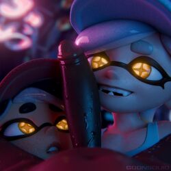 1boy 2girls big_penis callie_(splatoon) dark-skinned_male dark_skin dick female glowing_eyes goonsquid interracial male marie_(splatoon) penis penis_on_face pov pov_eye_contact smile_at_viewer splatoon squid squid_sisters sweat sweating yellow_eyes