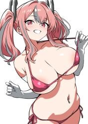 areola_slip azur_lane bare_shoulders bikini blush breasts bremerton_(azur_lane) cleavage collarbone cowboy_shot ecgg_(tsuji418477) female grey_hair grin groin hair_between_eyes hair_intakes hair_ornament highres large_breasts long_hair looking_at_viewer multicolored_hair navel navel_piercing no_mole piercing pink_bikini pink_eyes pink_hair side-tie_bikini_bottom sidelocks simple_background smile solo standing stomach strap_pull streaked_hair swimsuit twintails two-tone_hair white_background white_gloves