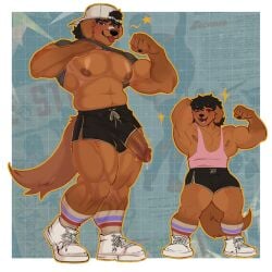 1:1 2d 2d_(artwork) 2d_artwork anthro anthro_only athletic_wear bandage_on_nose belly biceps big_muscles big_penis black_hair black_shorts bodily_fluids bottomwear brown_fur canid canine canis character_request clothed clothing clothing_lift digital_media_(artwork) dog_ears domestic_dog duo erection flexing flexing_bicep footwear freckles fur furry furry_only gay gay_male genital_fluids genitals glans gray_shirt gym_bottomwear gym_shorts hair hat hi_res high_resolution humanoid_genitalia humanoid_penis lifting_shirt long_tail male mammal man_boobs man_tits moobs muscular muscular_anthro muscular_male nipples no_sex nsfw oboii pecs penis penis_out penis_peek pink_tank_top posing precum semi-erect shirt shirt_lift shoes shorts simple_background smile sneakers socks sportswear standing star sticking_out_tongue tail tank_top thick_legs thick_penis thick_thighs tongue tongue_out topwear tummy white_shoes yellow_star
