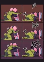 alliance_dominance athletic athletic_female bikini brothbowl catfight cleavage comic comic_page english english_text female femdom fit fit_female green_body green_skin head_between_legs head_between_thighs head_down_ass_up holding_head kimiria_(oc) large_breasts muscular night_elf night_elf_female orc orc_(warcraft) orc_female pink_body pink_skin submissive thighhighs thighs warcraft world_of_warcraft wrestling