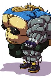 anthro balls big_balls big_bulge big_muscles big_penis blush bobert bodily_fluids bottomwear bulge canid canine canis clothing fingerless_gloves footwear genitals gloves hair handwear hi_res huge_balls huge_bulge huge_cock huge_muscles hyper hyper_balls hyper_bulge hyper_genitalia hyper_muscles hyper_pecs hyper_penis male male_only mammal musclegut muscular nipples pants penis shirt shoes simple_background sweat topwear torn_clothing waterwuff white_background wolf