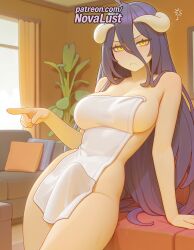 1futa 2025 ai_generated albedo_(overlord) arm_support artist_name blush breasts breasts breasts bust chest demon_horns futanari hair_between_eyes hi_res high_quality high_resolution highres horns index_finger_raised indoors long_hair looking_at_viewer novalust nude nude_cover overlord_(maruyama) patreon patreon_username pointing pointing_at_viewer potted_plant sitting solo stable_diffusion towel very_long_hair watermark yellow_eyes