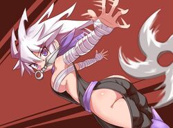 arm_wraps breast_wrap cougar1404 dragon_marked_for_death holding_object_in_mouth inti_creates kunai large_breasts long_hair no_panties purple_eyes rule_63 rule_63 scarf shinobi_(dmfd) shuriken side_view weapon white_hair