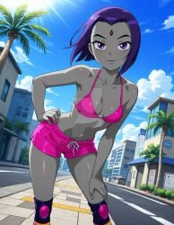 2025 ai_generated bikini_under_shorts black_eyebrows cartoon_network city_background closed_mouth closed_mouth_smile dc dc_comics dcamu dcau deviantart elryusam female female_only forehead_jewel grey_body grey_skin hand_on_hip hand_on_leg jewel_on_forehead looking_at_viewer meta mouth_closed pink_shorts pink_topwear purple_eyes_female purple_hair_female rainbow_socks raven_(dc) raven_(dcamu) raven_(dcau) raven_(teen_titans) red_jewel short_hair_female smile_at_viewer smiling_at_viewer sports_legwear teen_titans