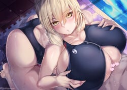 1boy 1girls artoria_pendragon artoria_pendragon_(alter) ass barefoot big_ass blonde_hair blush blushing breast_hold breasts bursting_breasts butt_crack cleavage fate/grand_order fate_(series) female hands_on_breasts hirasawa_seiji huge_breasts large_breasts looking_at_viewer male paizuri paizuri_under_clothes partially_unzipped pointless_censoring poolside swimsuit thick_thighs thighs yellow_eyes