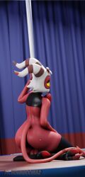 2_horns 2_toes 3d_(artwork) anthro ass balls big_balls big_butt black_clothing black_legwear bow_tie clothed clothing crop_top demon digital_media_(artwork) digitigrade drboumboom32 feet femboy genitals hair helluva_boss hooves horn humanoid humanoid_genitalia humanoid_penis imp latex latex_clothing latex_legwear latex_stockings latex_topwear legwear male moxxie_(helluva_boss) partially_clothed penis pole red_body red_penis shirt solo spade_tail stockings stripper_pole tail thigh_highs toes topwear yellow_eyes yellow_sclera