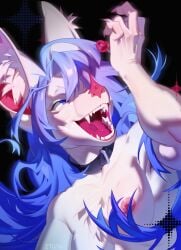 absurd_res anthro bat biped black_background blue_eyes blue_hair breasts cherry clothed clothing collar eyelashes fangs female food fruit fur hi_res itangpng long_hair looking_up mammal nipple_piercing nipples open_mouth piercing plant prism_(prsmrti) signature simple_background solo teeth tongue white_body white_fur