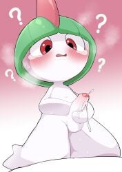 1boy ? balls blush commentary erection furry furry_male green_hair male male_focus male_masturbation manmosu_marimo masturbation penis pokemon pokemon_(creature) precum ralts red_eyes short_hair solo tearing_up testicles