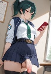 1futa ai_generated balls big_penis bored breasts flaccid futa_only futanari green_hair hoodie intersex jamesbron kiriko_(overwatch) large_penis leaning_against_wall leaning_back legwear looking_at_phone looking_away medium_hair no_panties overwatch overwatch_2 penis pleated_skirt ponytail precum skindentation small_breasts solo solo_futa sophomore_kamori standing thighhighs thighs tie veiny_penis wide_hips