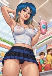 1girls 2d 2d_(artwork) ai_generated bench blue_hair breasts bubble_tea cameltoe civitai cleavage digital_drawing_(artwork) earrings eve_(summertime_saga) female female_focus female_only kiwimike light-skinned_female light_skin looking_at_viewer medium_breasts nipples nipples_visible_through_clothing outdoors outside panties pussy pussy_lips pussy_peek see-through see-through_clothing see-through_top skirt standing summertime_saga tank_top tease teasing teenage_girl teenager underwear upskirt vagina
