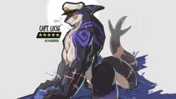 absurd_res animal_genitalia anthro ass biceps black_body black_sclera capt._locke captain_locke_(xxl_woofia) clothing fish genital_slit genitals glowing glowing_eyes hat hat_only headgear headgear_only headwear headwear_only hi_res licking licking_lips male marine mostly_nude muscular muscular_anthro muscular_male nipples nude pecs serpheox shark solo tattoo tongue tongue_out water xxl_woofia yellow_eyes