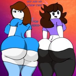 2girls big_ass big_butt black_eyes black_hair blue_dress breasts brown_hair cartoon curvy curvy_female curvy_figure curvy_hips dress female female_focus female_only girl girls_only jaiden jaiden_animations jaidenanimations let_me_explain_studios purple_shirt rebecca_parham thighs white_body white_skin youtube youtuber youtuber_girl
