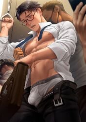 2boys abs bare_pecs big_areola big_pecs black_eyes black_hair blonde_hair blurry_background blurry_foreground blush briefcase briefs bulge bulge_through_clothing chikan covered_mouth depth_of_field duo duo_focus eyebrows flaccid forced from_behind frown gay genital_outline glasses grabbing grabbing_from_behind handles happy_trail hi_res holding_object indoors looking_down low-angle_view male male/male male_only mask masked mature_male minato_(mondi_xxx) molestation mondi_xxx muscles muscular muscular_male navel open_clothes oppai original original_character pecs public public_indecency rolled_up_sleeves salaryman short_hair six_pack standing train_interior unbuttoned unbuttoned_shirt undressing unzipped unzipped_pants white_shirt white_underwear yaoi young