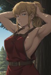 ai_generated apron armpits arms_up big_breasts blonde_female blonde_hair blonde_hair_female blue_eyes boobs breasts female_focus female_only half-dressed hands_behind_head large_breasts light-skinned_female looking_at_viewer messy_hair nature_background nipple_slip nipples norse_woman outdoors pale-skinned_female ponytail seductive seductive_look seductive_pose solo_female solo_focus stable_diffusion tits viking_female vinland_saga ylva_(vinland_saga)