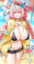 1girls alternate_costume animal_ears aqua_hair bandaid_on_horn beach bikini bikini_skirt black_bikini blue_pupils braid breasts cow_ears cow_girl cow_horns cow_tail cup day ear_bell female food genshin_impact highres holding holding_cup holding_spoon horns huge_breasts jacket kiramarukou long_hair looking_at_viewer low_twin_braids multicolored_hair navel open_mouth pink_hair pink_tail purple_eyes red_nails shaved_ice signature solo spoon stomach streaked_hair sweat swimsuit tail twin_braids varesa_(genshin_impact) white_horns yellow_jacket