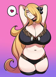 1girls alternate_breast_size alternate_outfit armpits arms_up belly big_breasts black_bra black_panties black_thighhighs blonde_hair blush breasts choker cleavage clothed clothes cynthia_(pokemon) eye_contact female female_only gradient_background grey_eyes hair_ornament hair_over_one_eye half-closed_eyes heart huge_breasts human human_only jam-orbital large_breasts lingerie long_hair looking_at_viewer midriff milf navel nintendo open_mouth pokemon pokemon_dppt pose purple_background solo spoken_heart thick_thighs thighhighs very_long_hair wide_hips