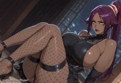 ai_generated alternate_version_at_source big_breasts black_lipstick black_makeup black_outfit bleach bleach:_the_thousand-year_blood_war breasts dark-skinned_female dark_skin female fishnets goth goth_girl hypet legs_together lipstick purple_hair ruined_makeup shihouin_yoruichi shiny shiny_skin sitting tagme thick thick_ass thick_legs thick_thighs thighs