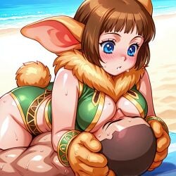 1boy 1girls ai_generated animal_hands beach beach_towel big_breasts blue_eyes blush breast_rest breasts brown_hair bunny_ears bunny_girl bunny_tail chrono_(series) chrono_cross chubby cowgirl_position face_between_breasts face_in_breasts human janice_(chrono_cross) kemonomimi muscular neck_tuft on_person short_hair sweaty thick_thighs