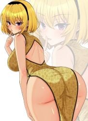 07th_expansion 1girls adult ass bare_shoulders black_hairband blonde_hair blush brat bratty breasts china_dress chinese_clothes dress female finger_to_mouth grown_up hairband highres higurashi_no_naku_koro_ni houjou_satoko large_breasts looking_at_viewer medium_hair print_dress purple_eyes shushing side_slit simple_background sleeveless sleeveless_dress solo tomboyish when_they_cry white_background yellow_dress yuno_ff