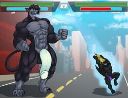 2024 abs anthro balls big_balls big_penis black_body blonde_hair bulge canid canine canis city city_background claws clenched_teeth clothing duo energy_drain felid feline fighting_game fist flaccid gameplay_mechanics genitals gui hair health_bar hi_res huge_cock hyper hyper_genitalia hyper_penis larger_male male male/male mammal muscular muscular_male one_eye_obstructed open_mouth pecs penis size_difference springfield street sucking tail teeth thebigbadwolf01 underwear wolf yellow_eyes