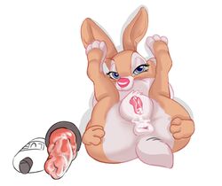 anus ass bambi_(film) dildo disney feral fur genitals hi_res lagomorph leporid looking_at_viewer lube lying mammal miss_bunny_(bambi) on_back pussy rabbit red_nose sex_toy simple_background smile solo trashtikko white_background