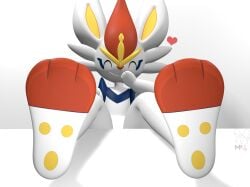 3d 3d_(artwork) anthro blender_(software) cinderace closed eyes feet feet_tease female female_only fur furry furry_only heart mammal mslooukachi nintendo paws pokemon simple_background text video_games white_fur