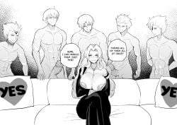 1girls 5boys abs bare_arms bare_breasts bare_legs bare_shoulders bare_thighs big_breasts big_penis bleach breasts english_text fate_(series) female gangbang gilgamesh_(fate) large_breasts light-skinned_female light_skin long_hair male male/female matsumoto_rangiku monochrome multiple_boys multiple_penises muscles muscular muscular_male nipples penis sakiyume11 text thick_thighs