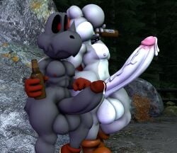 2boys 3d_(artwork) abs alcohol anoniyoshi_(logdoesrenders) anthro balls beer beer_bottle beverage big_balls big_penis black_body black_penis bodily_fluids bone boots boots_only bottle casual_erection casual_nudity clothing container cum dark_bones digital_media_(artwork) dinosaur dripping dry_bones duo erection exhibitionism footwear footwear_only genital_fluids genitals grey_body hi_res horn horned_humanoid huge_cock humanoid hyper hyper_genitalia hyper_penis leaking_precum lizard logdoesrenders long_penis male male/male mario_(series) mostly_nude muscular muscular_anthro muscular_male nintendo nipples non-mammal_balls non-mammal_nipples pecs penis precum precum_drip prehistoric_species public public_nudity reptile scalie shoes skeleton source_filmmaker_(artwork) thick_thighs undead white_penis yoshi