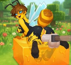 ass balls bee blue_eyes breasts brown_hair clothing feet feet_focus honey lovelycraft minecraft outside pussy ripped_clothing socks tattoo video_game_character video_games