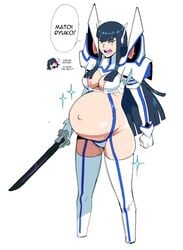 1girls 2girls areolae belly big_belly black_hair breasts dr-worm female female_only junketsu kill_la_kill kiryuuin_satsuki lewdlemage long_black_hair long_hair matoi_ryuuko pregnant ready_to_pop studio_trigger text