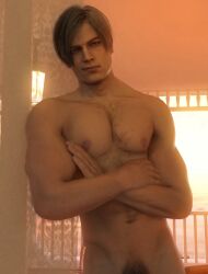 1boy 1male belly_hair big_nipples big_pecs blonde_hair blue_eyes fully_naked fully_nude gay leon_scott_kennedy male male_focus male_only muscles muscular muscular_male nipples pecs pectorals pubic_hair resident_evil resident_evil_4_remake solo solo_focus solo_male
