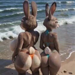 2girls ai_generated animated anthro ass beach big_ass big_breasts bikini bonnie_hopps disney female female_only judy_hopps lagomorph looking_at_viewer looking_back mother_and_daughter multiple_girls no_sound rabbit small_breasts tagme video vlrgromns zootopia
