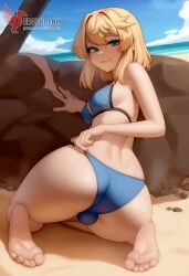 1boy 2d ai_generated ass bangs barefeet big_ass bikini blonde_hair bulge erection erection_under_clothes erophoenix feet full_body green_eyes looking_at_viewer looking_back male male_focus navel nude otoko_no_ko pale_skinned_male patreon_username penis sitting smile soles solo solo_male sweat swimsuit thick thick_thighs toes uncensored